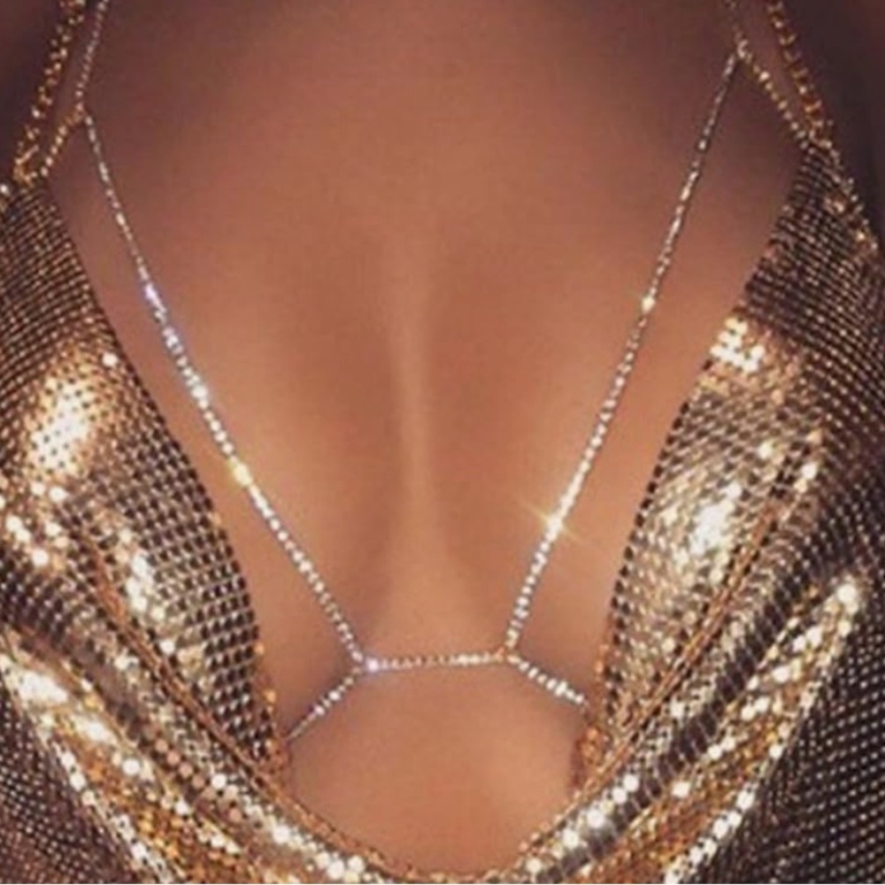 crystal rhinestone gold chain bra top festival rave club dance jewelry harness